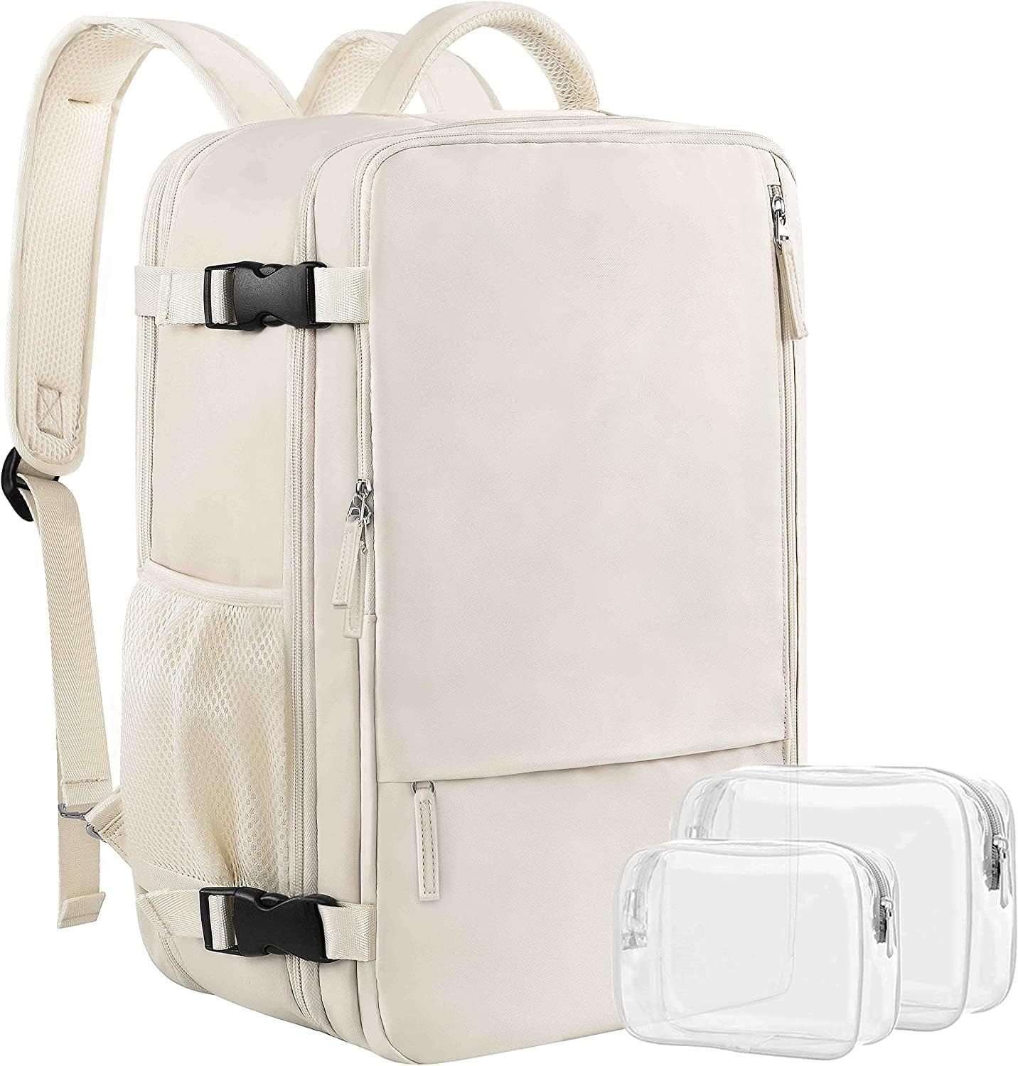 A beige travel backpack with multiple compartments, adjustable shoulder straps, and additional clear toiletry bags. The backpack is designed for travel convenience and organization.