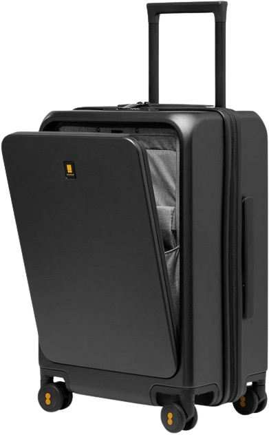 A sleek black hard-shell suitcase featuring a chevron pattern, equipped with four 360-degree spinner wheels and a telescopic handle with gold accents.