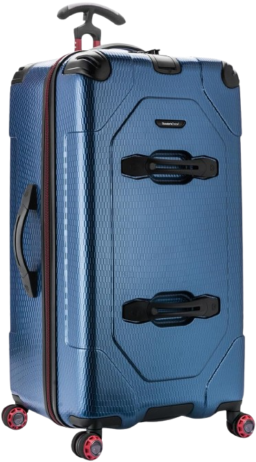 A blue carry-on suitcase with a ridged design and four spinner wheels, equipped with a telescopic handle and a side handle for easy carrying.