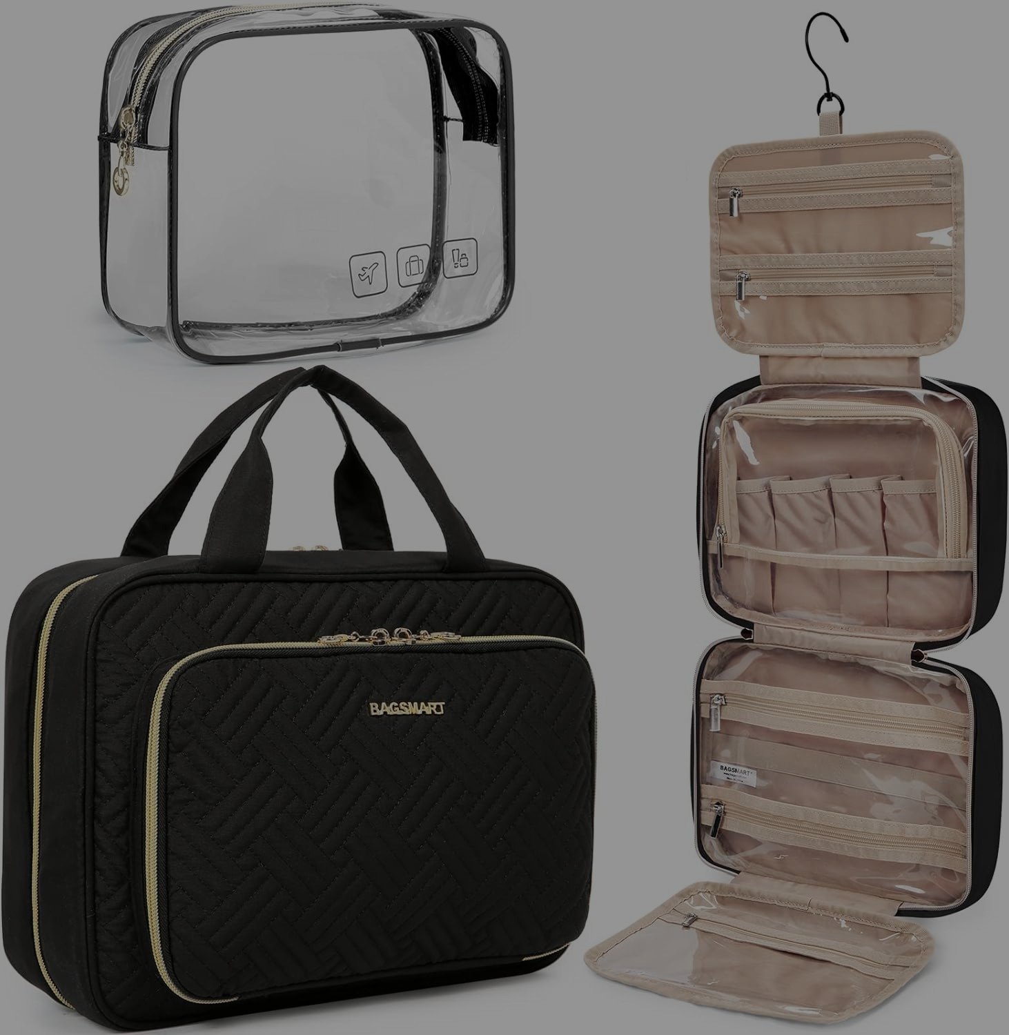 Two clear toiletry bags, displayed side by side, each with a transparent body and sturdy zippers. The bags are filled with neatly arranged travel-sized bottles and personal care items, making it easy to see and access the contents. Perfect for organized packing and meeting travel security requirements.