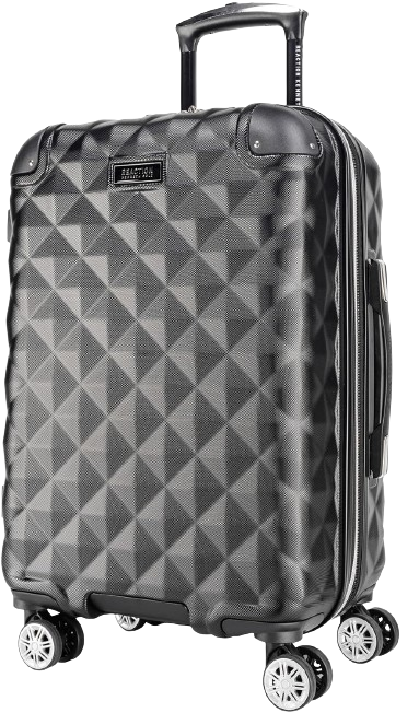 A black carry-on suitcase with horizontal ridges, equipped with four spinner wheels, a telescopic handle, and a side handle for easy portability.