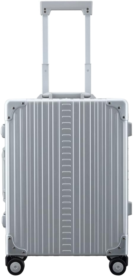 A sleek black hard-shell suitcase featuring a chevron design, equipped with gold-accented telescopic handle and four 360-degree spinner wheels.