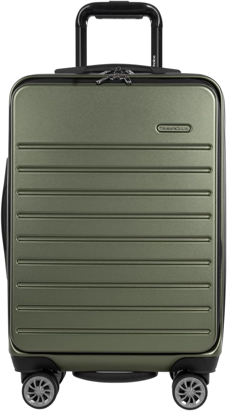 A black hard-shell suitcase with a chevron pattern and four 360-degree spinner wheels. The suitcase has a telescopic handle with gold accents and is sleek and modern in design.