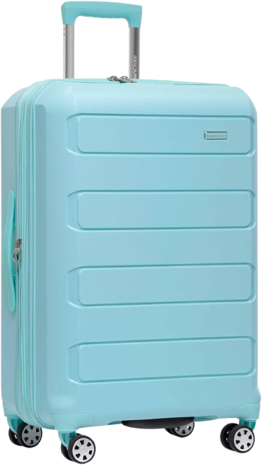 A black carry-on suitcase with horizontal ridges, equipped with four spinner wheels, a telescopic handle, and a side handle for easy portability.